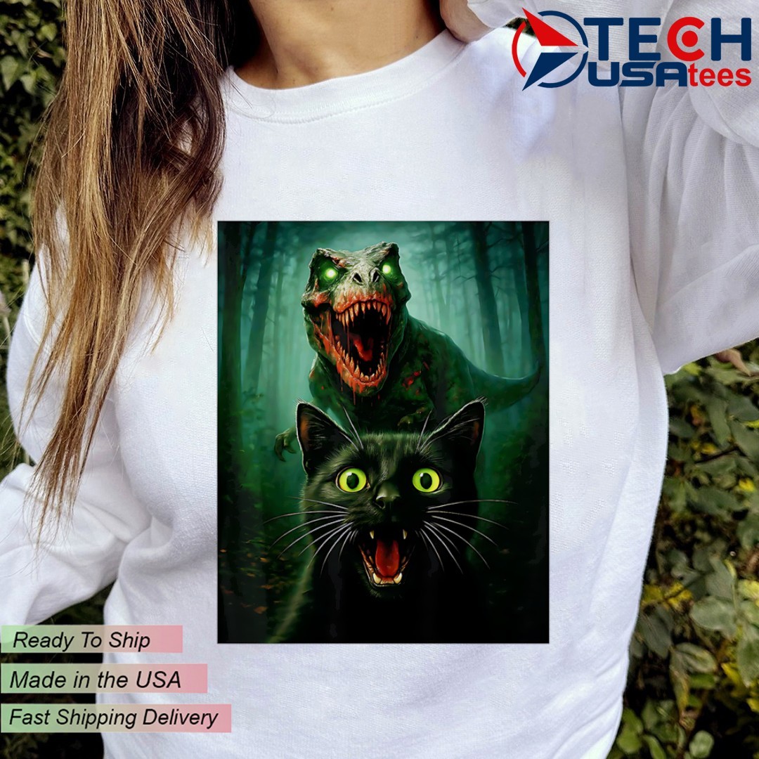 ETRE AU SOMMET☆RABBIT CAT FACE HALF TEE Zombie T-Rex and Cat selfie Halloween shirt, hoodie, sweater